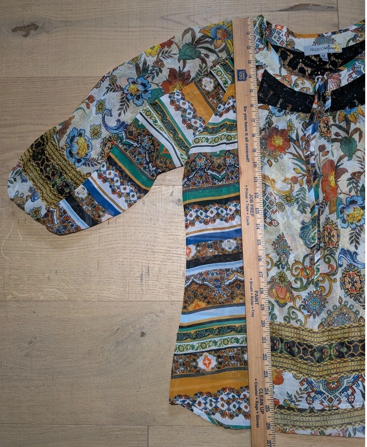 Figueroa & Flower Bohemian Tunic Blouse Floral Print Lace Trimmed Top Medium