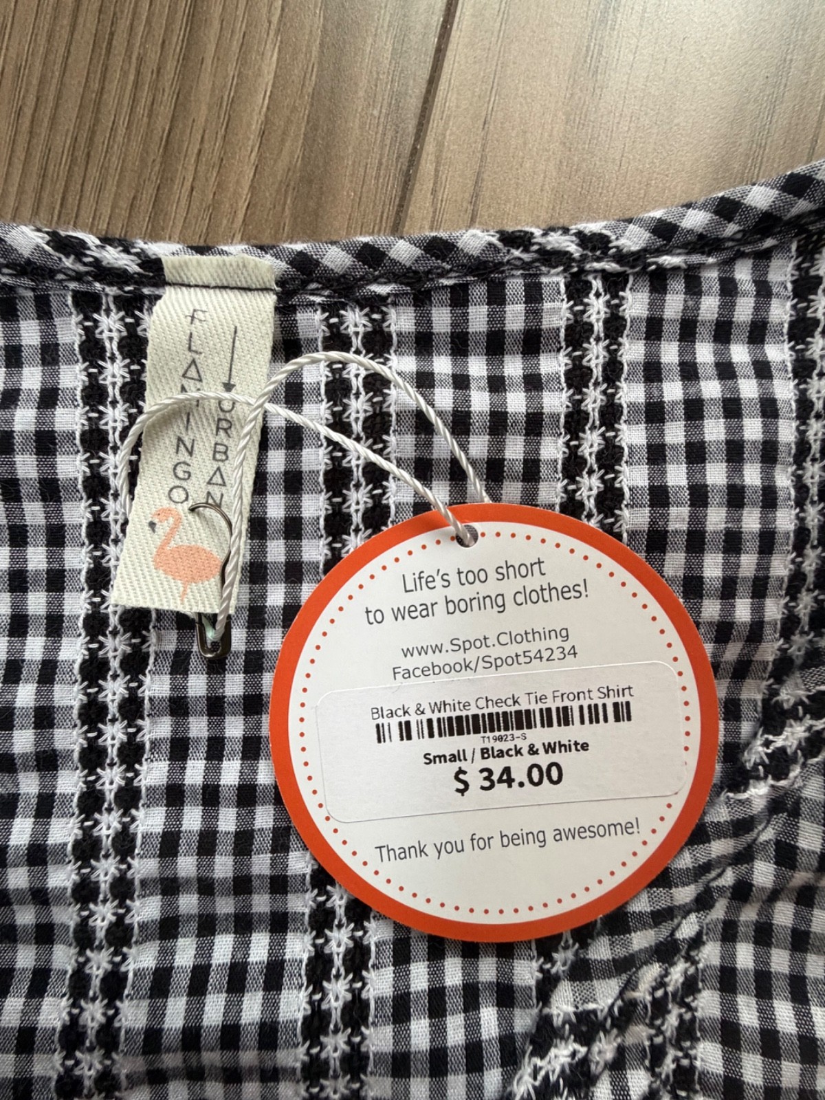 Flamingo Urban Black White Check Tie Front Blouse Gingham Sleeve Sz S NWT