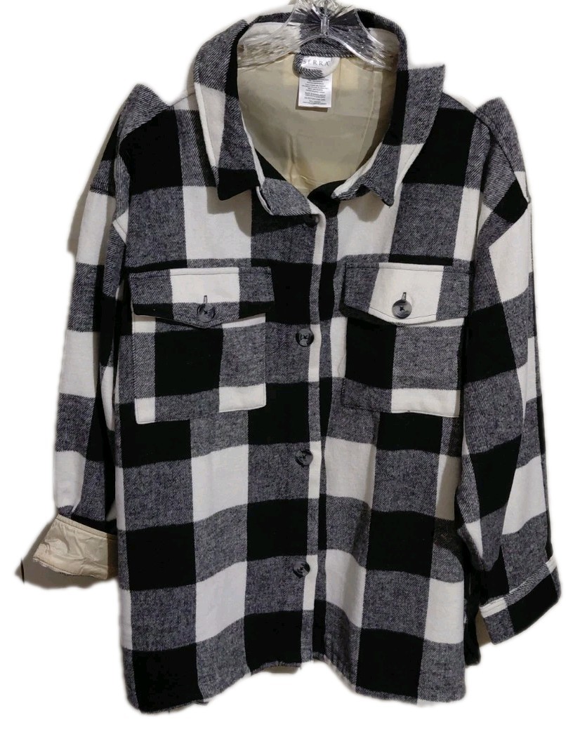 Serra Oversized Shacket XL Black & White Check Flannel Button Up Boyfriend Shirt