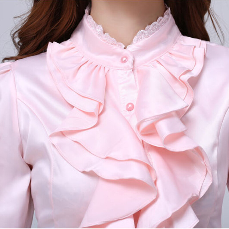 Ladies Ruffled Top Shirt Button Down Blouse Workwear Office Long Sleeve Fashion