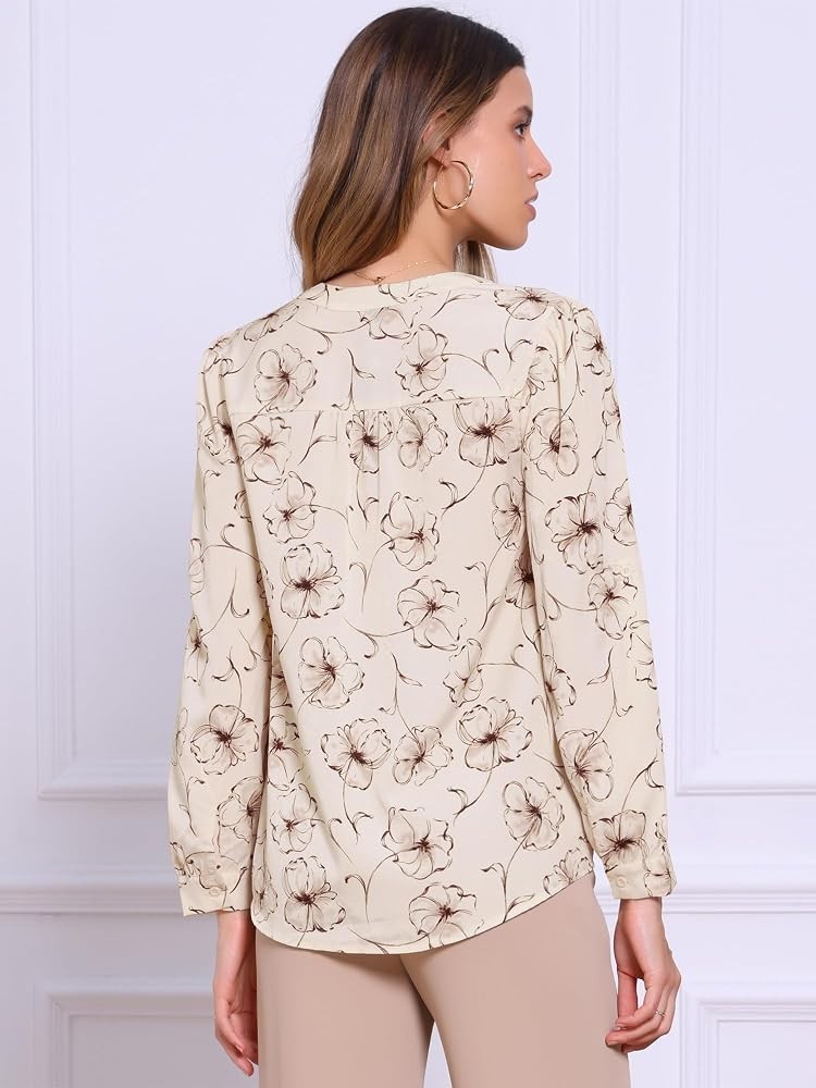 Allegra K Womens Printed Button Down Top Apricot Size Small Notched Crew Neck NW