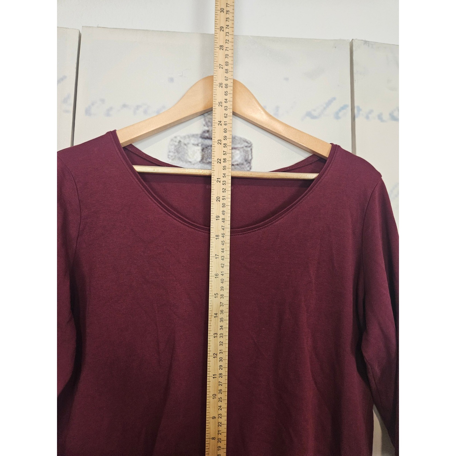 Eileen Fisher Knit Top Medium Burgundy 3/4 Sleeve Organic Cotton Scoop Neck