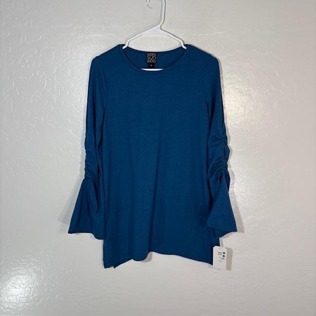 Clara Sunwoo Shirt Womens XS Teal Tie Cuff Bell Sleeve Made in USA NWT TU45MG