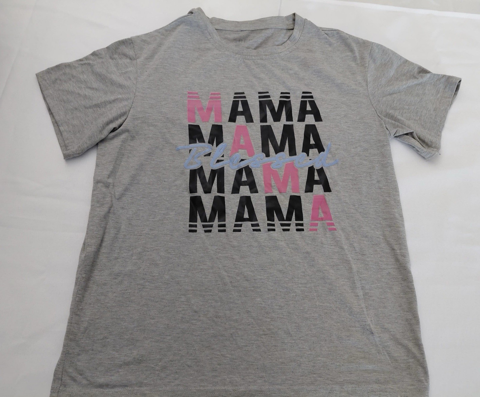 Gray Mama Blessed Graphic women’s T-Shirt S Cotton Knit Crew Neck Short Sleeve
