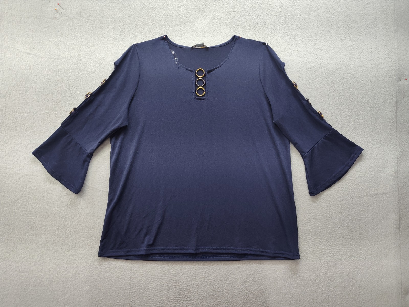 Robert Louis Women Blouse Top XL Navy Blue 3/4 Sleeve Ring Detail Summer Casual