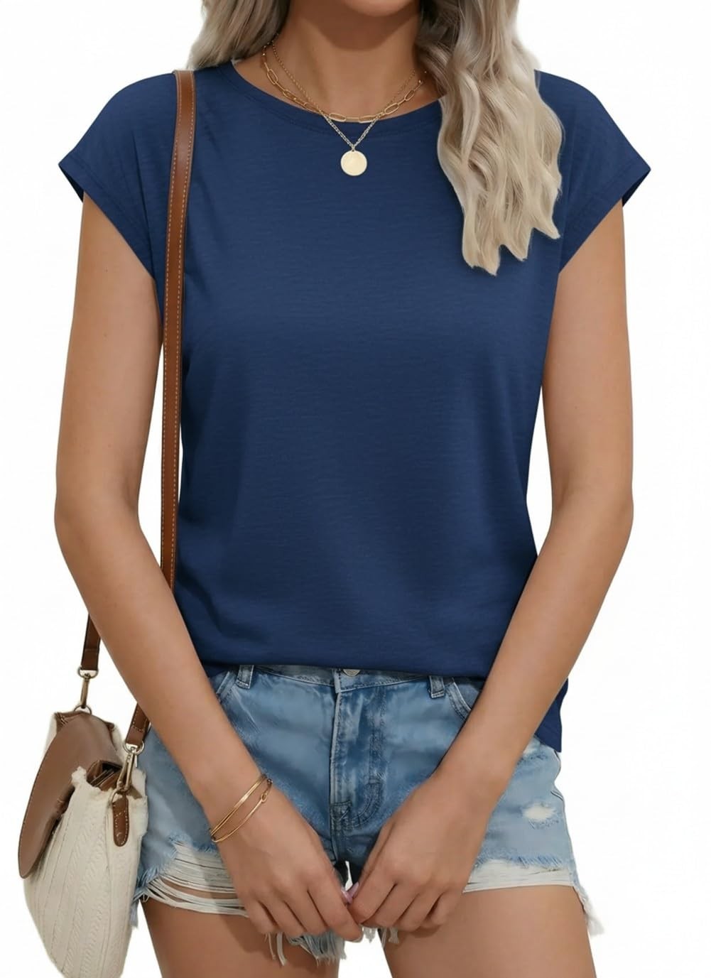 Women’s Cap Sleeve T-Shirt, Crew Neck, Summer, Casual, Plain,…