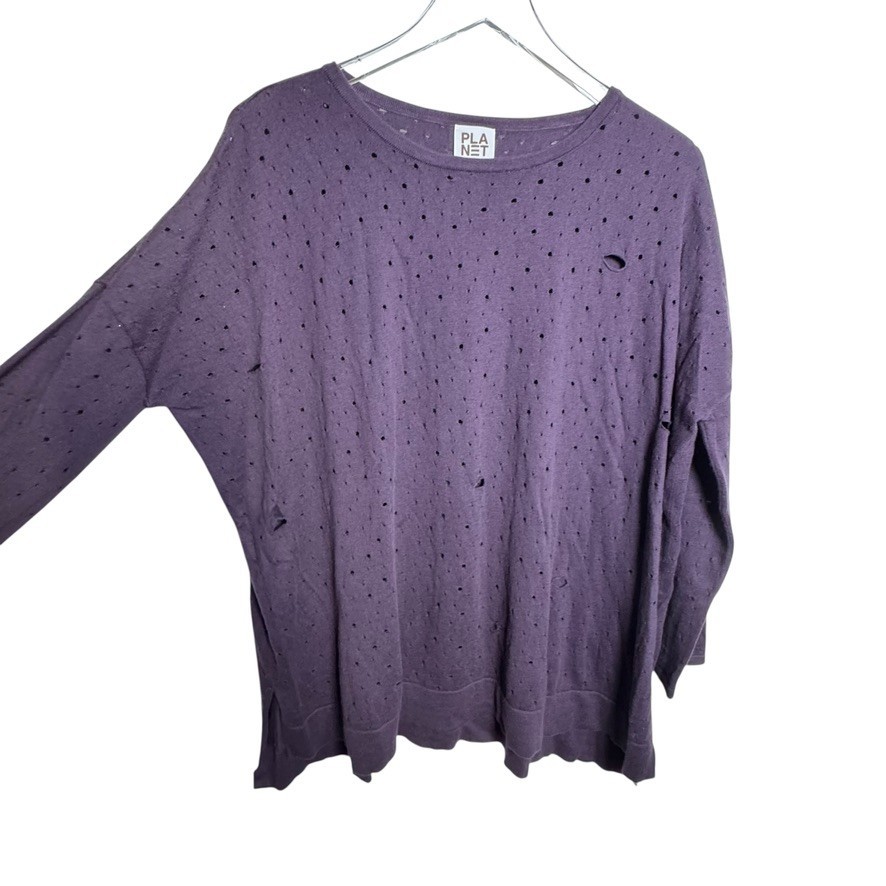 Planet By Lauren G Swiss Cheese Laser Cut knit top Purple One size fits all
