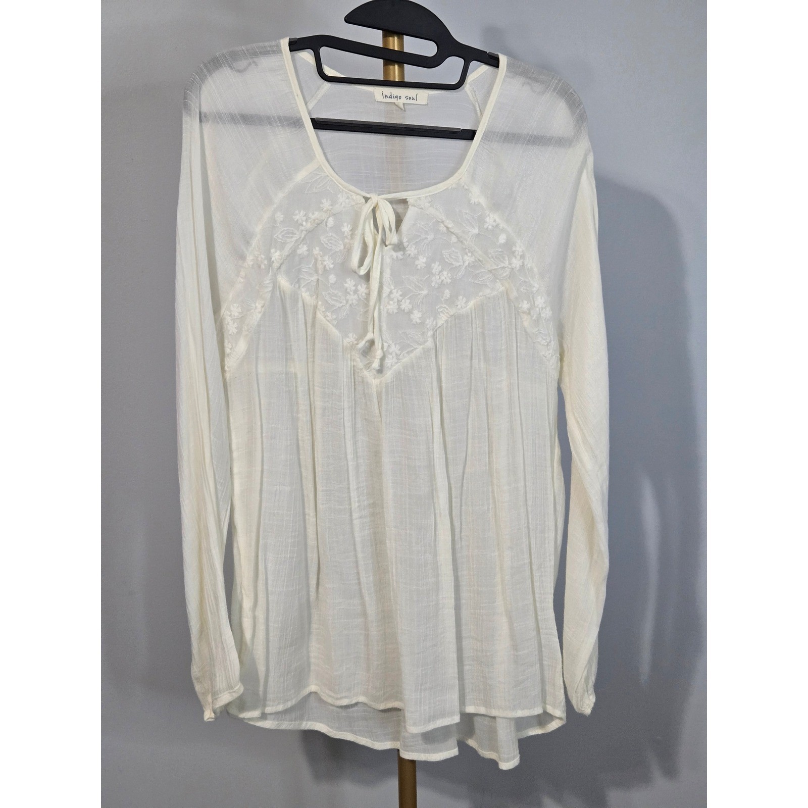Indigo Soul White Embroidered Mesh Peasant Blouse Long Sleeve Boho Top Large