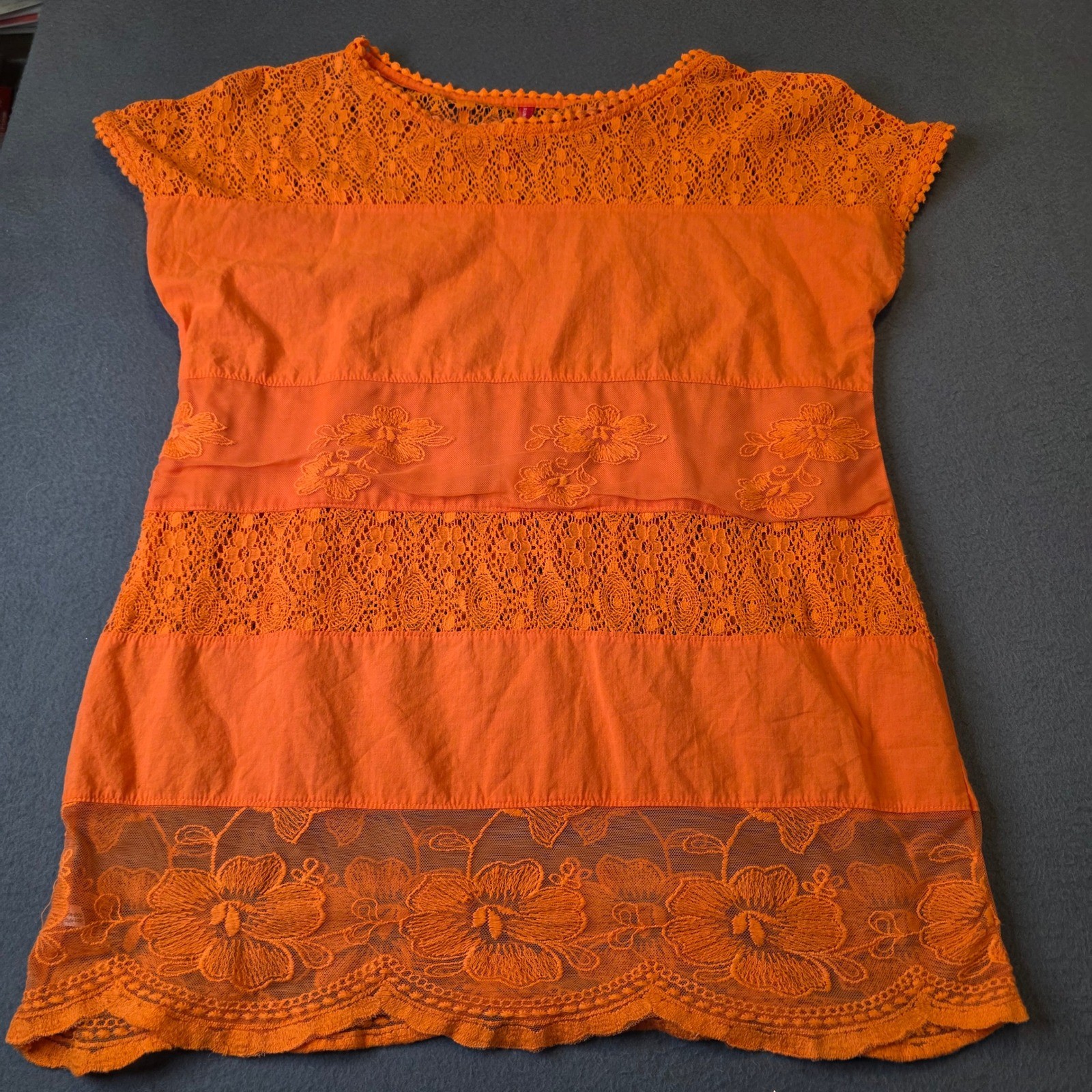Ruby Ribbon Orange Lace Floral Embroidered Tunic Top XS Sheer Peekaboo