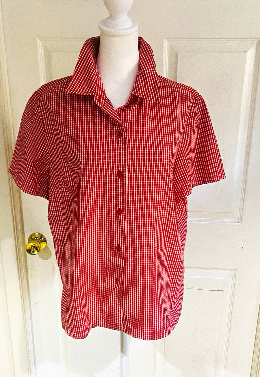 Josephine Chaus Women’s Red White plaid Button Front Collared Top PL