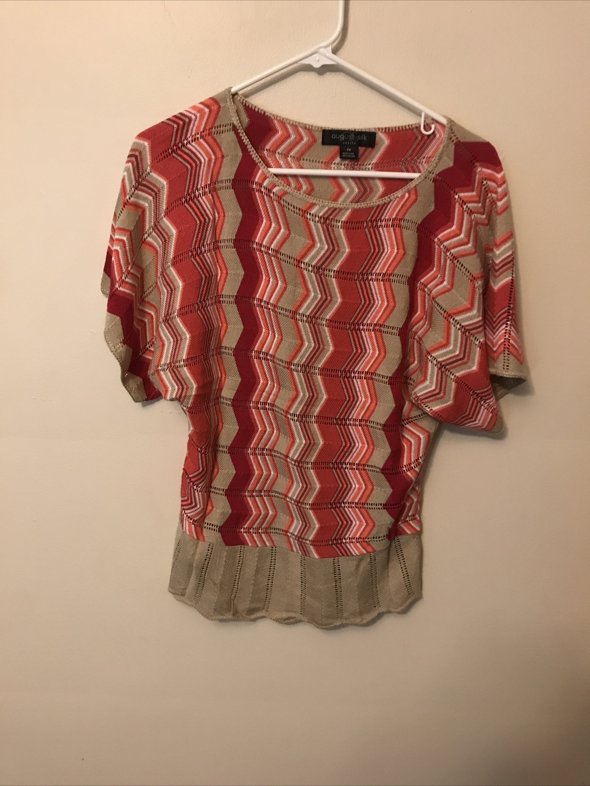 August Silk Knit Top Blouse ROUND NECK Black Petite Medium PM CROCHET WOMEN