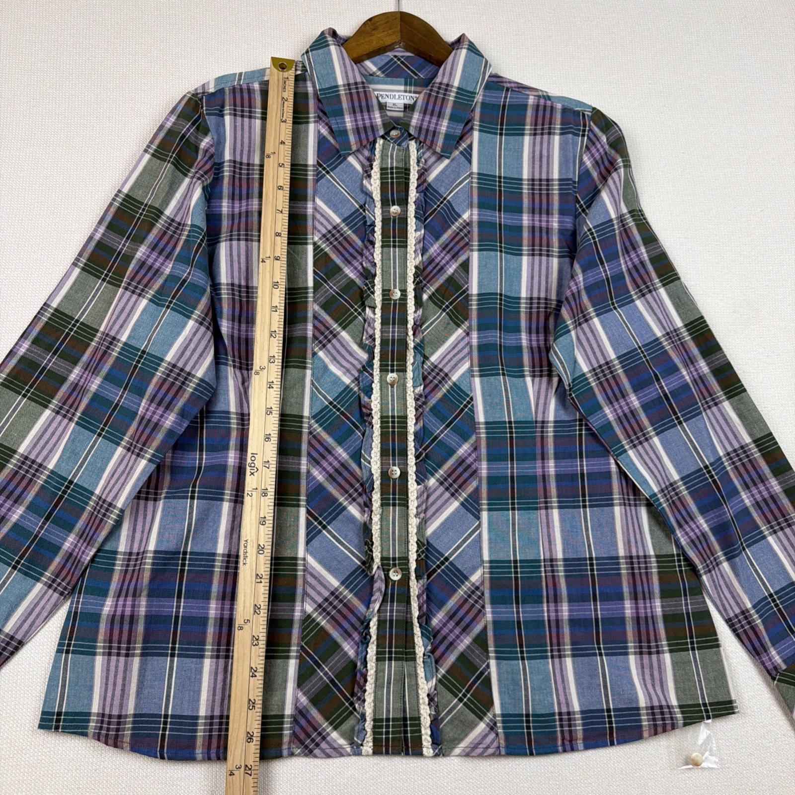 Pendleton Plaid Button Up Shirt Blouse Womens XL Ruffle Detail NWT Blue Green