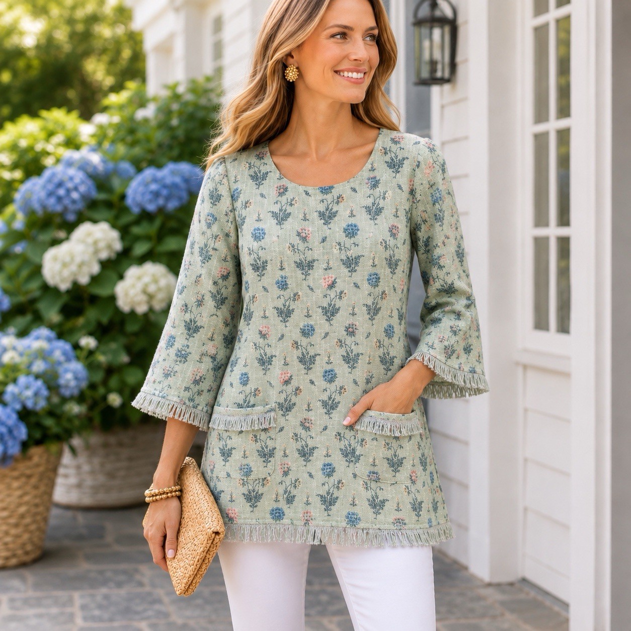 Tuckernuck Block Print Inspired Floral Fringe Detail Linen Blend Top Sage Sz M