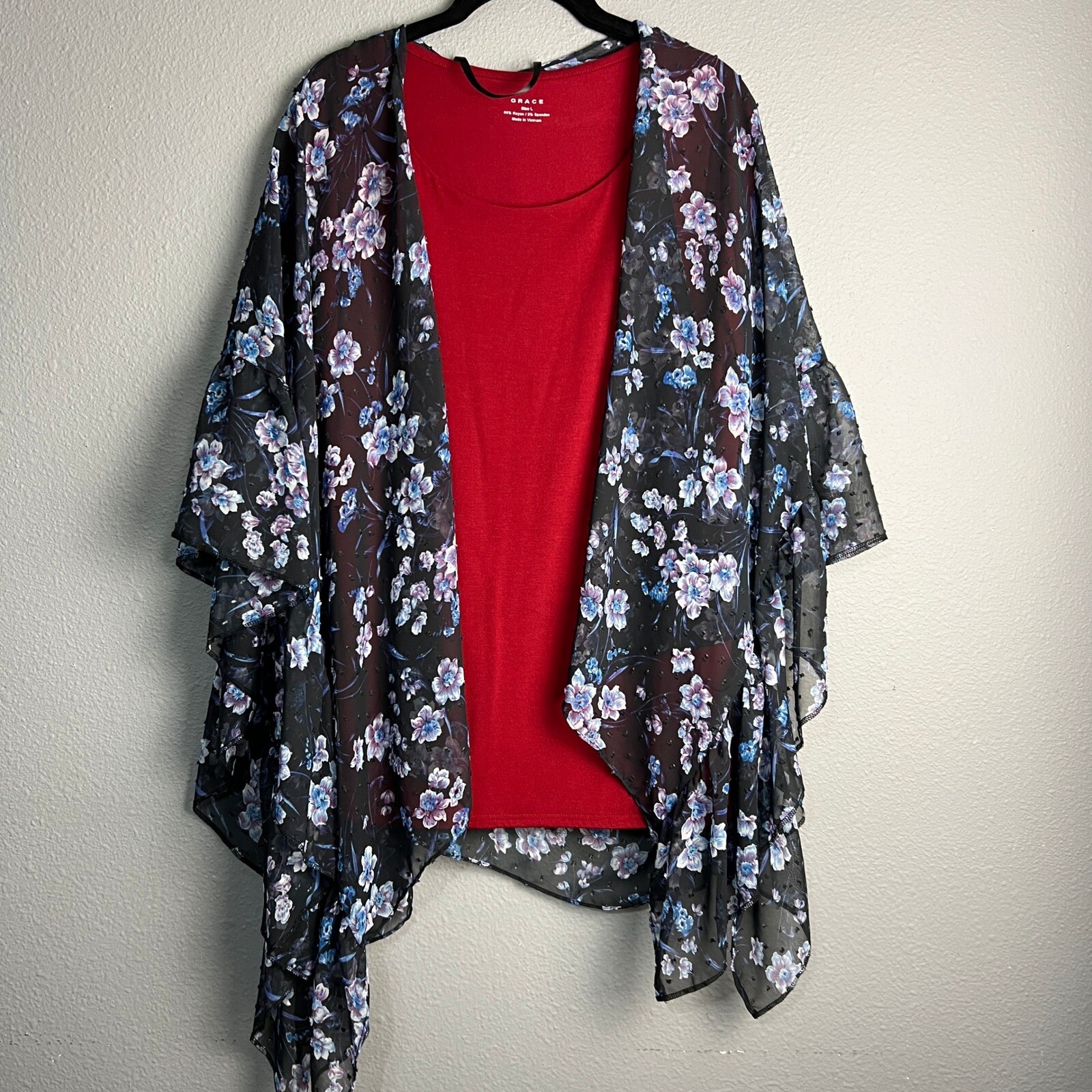 Mixit Floral Kimono Topper One Size Sheer Ruffle Lg Red Rayon Short SL Shirt