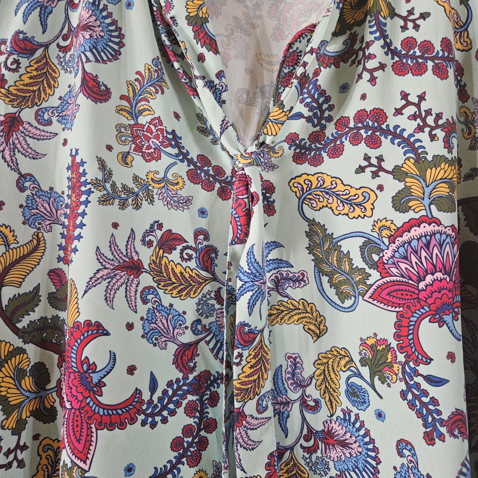 Koton Women Mint Green Paisley Floral Balloon Sleeve Tie Cuff Blouse UK 16 US L
