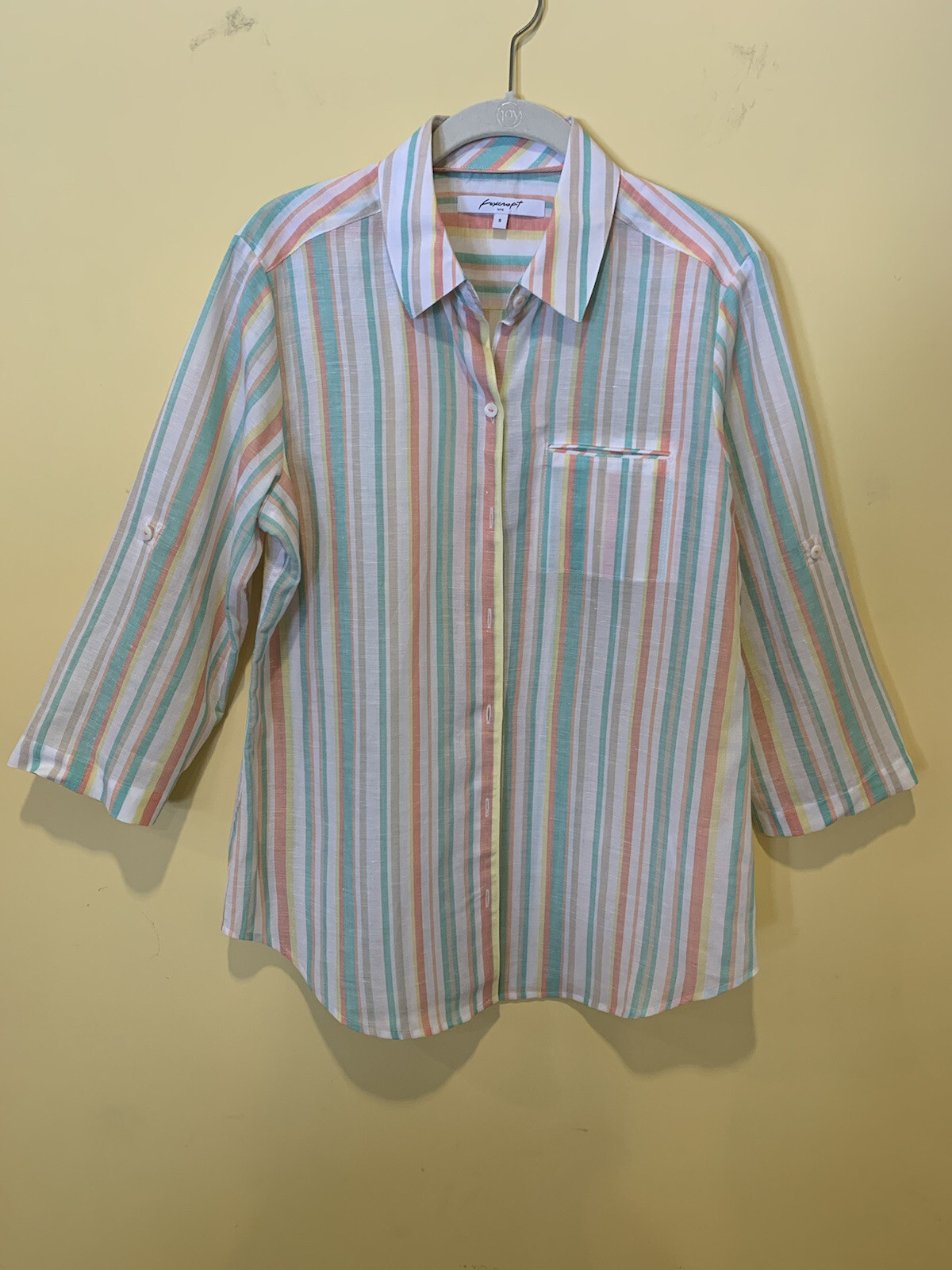 Foxcroft NYC Women’s Striped Button-Up Shirt Top Blouse Size 8 Linen Blend Nice!