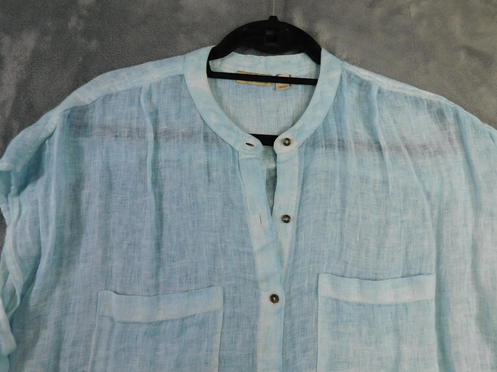 Holding Horses Shirt Womens Medium Blue 100% Linen Button Front Tunic High Low