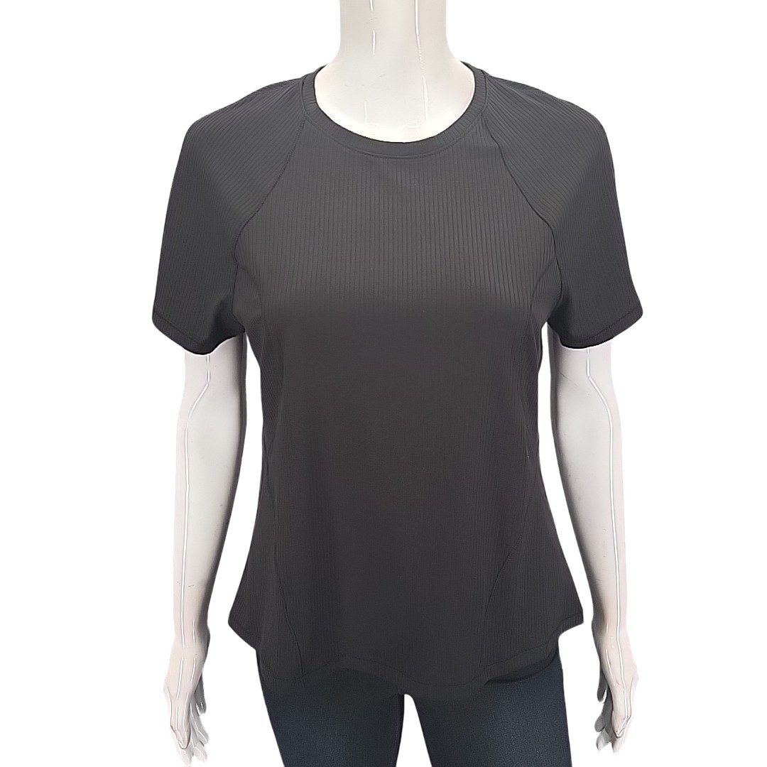 Women’s Active Top Medium Sz Black Ribbed Tee Shirt UPF 50+ Stretchy Wicking Top