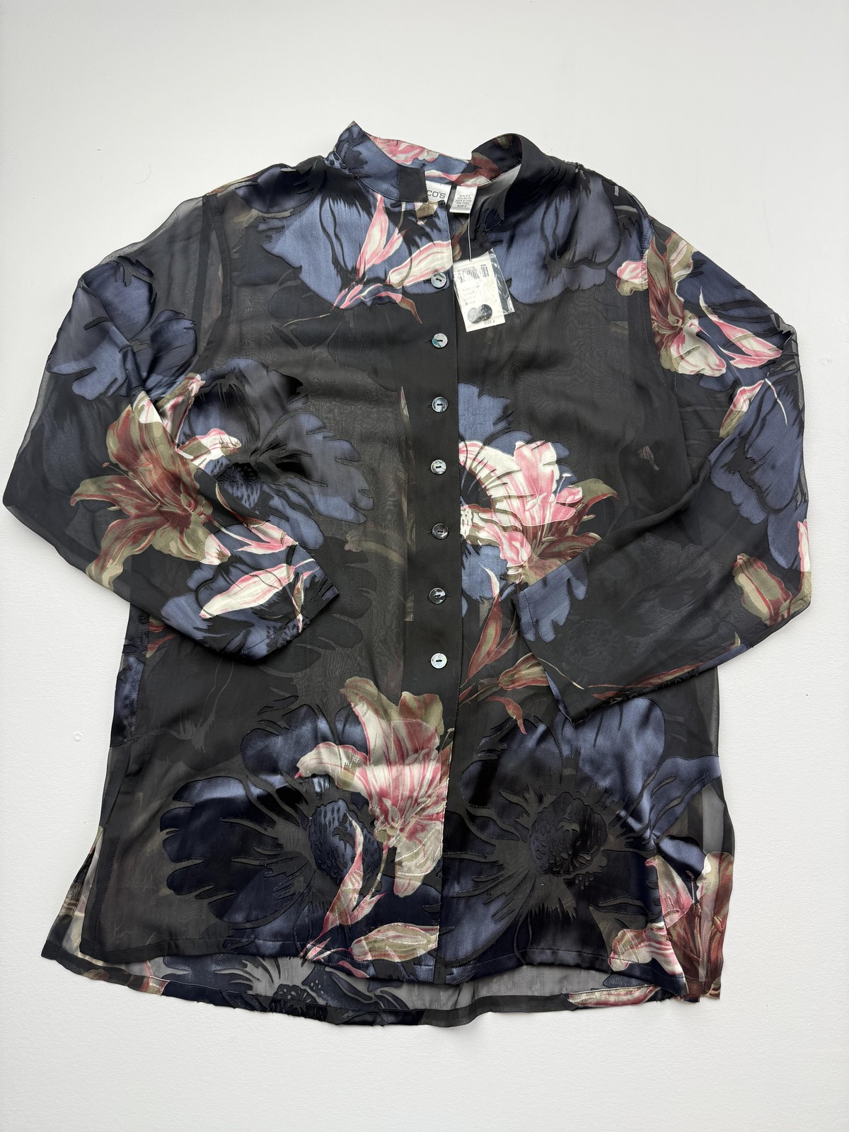 Chico’s Blouse Womens 2 Black Floral Collared Long Sleeve Sheer Silk Tunic Top