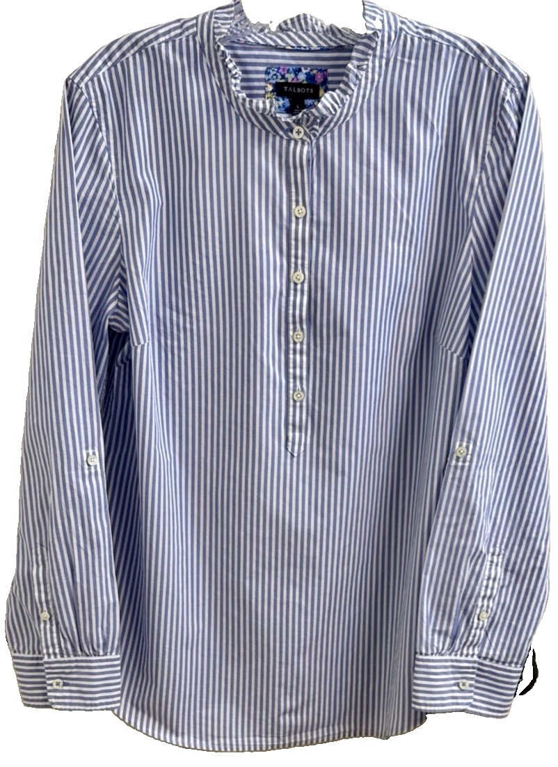 TALBOTS Blue & White Striped Coastal COTTON POPOVER Roll Tab Sleeves (L) NWOT