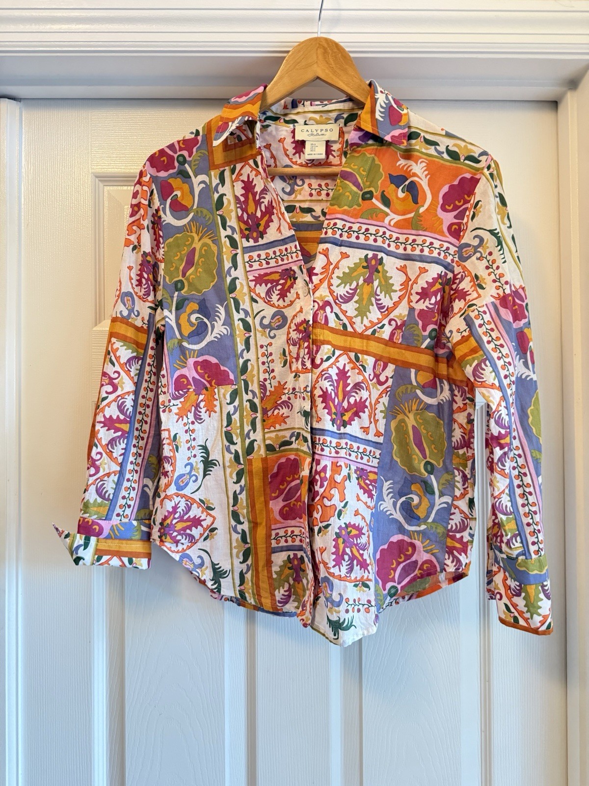 Calypso St Barth Button Down Shirt Womens Small Multicolor Patchwork Cotton Boho