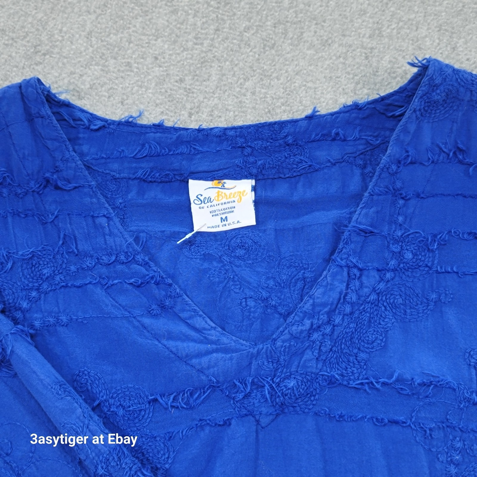 Vintage Sea Breeze Royal Blue Tunic Top Embroidered Gauze 100% Cotton M USA Made