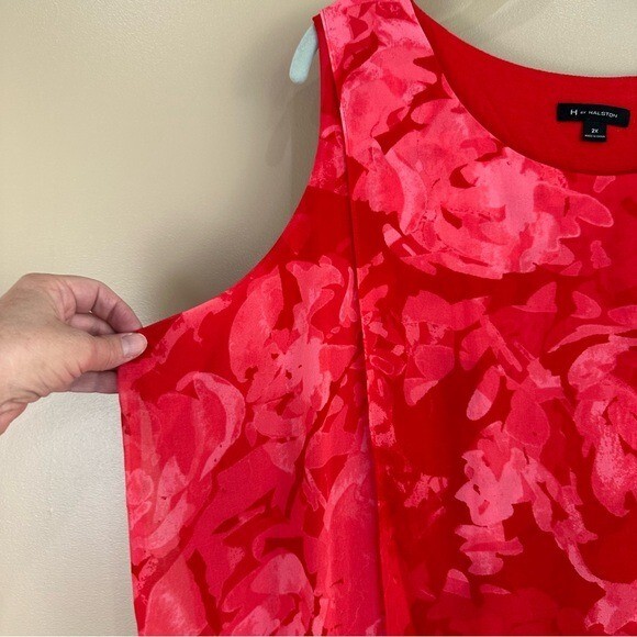 H by Halston Red Pink Layered Abstract Floral Feminine Flowy Tank Top Blouse 2X