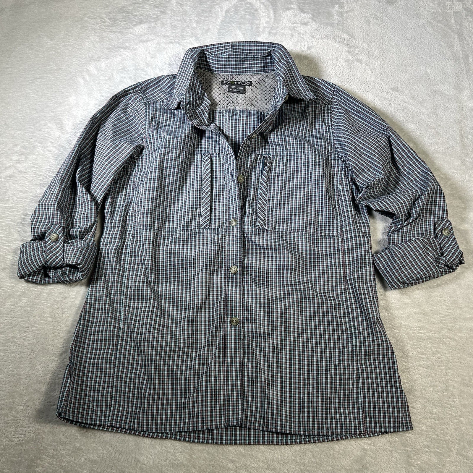 ExOfficio Plaid Utility Shirt Sz M Button Up Roll Tab Vented Hiking Fishing Gorp