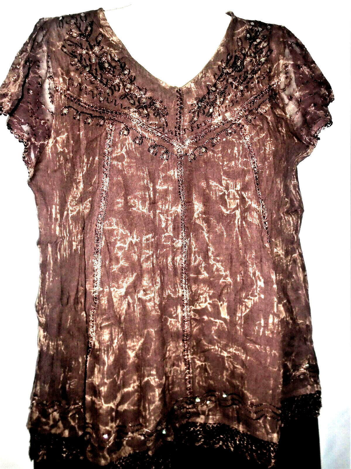 Advance Womens Blouse Top Tunic Sequins Lace Free Size Fits Size M L Brown