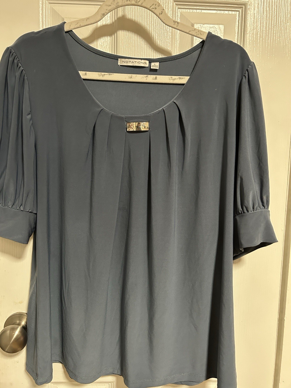 Notations Blouse Top Womens Blue Metal Accent Casual Professional Work Office L