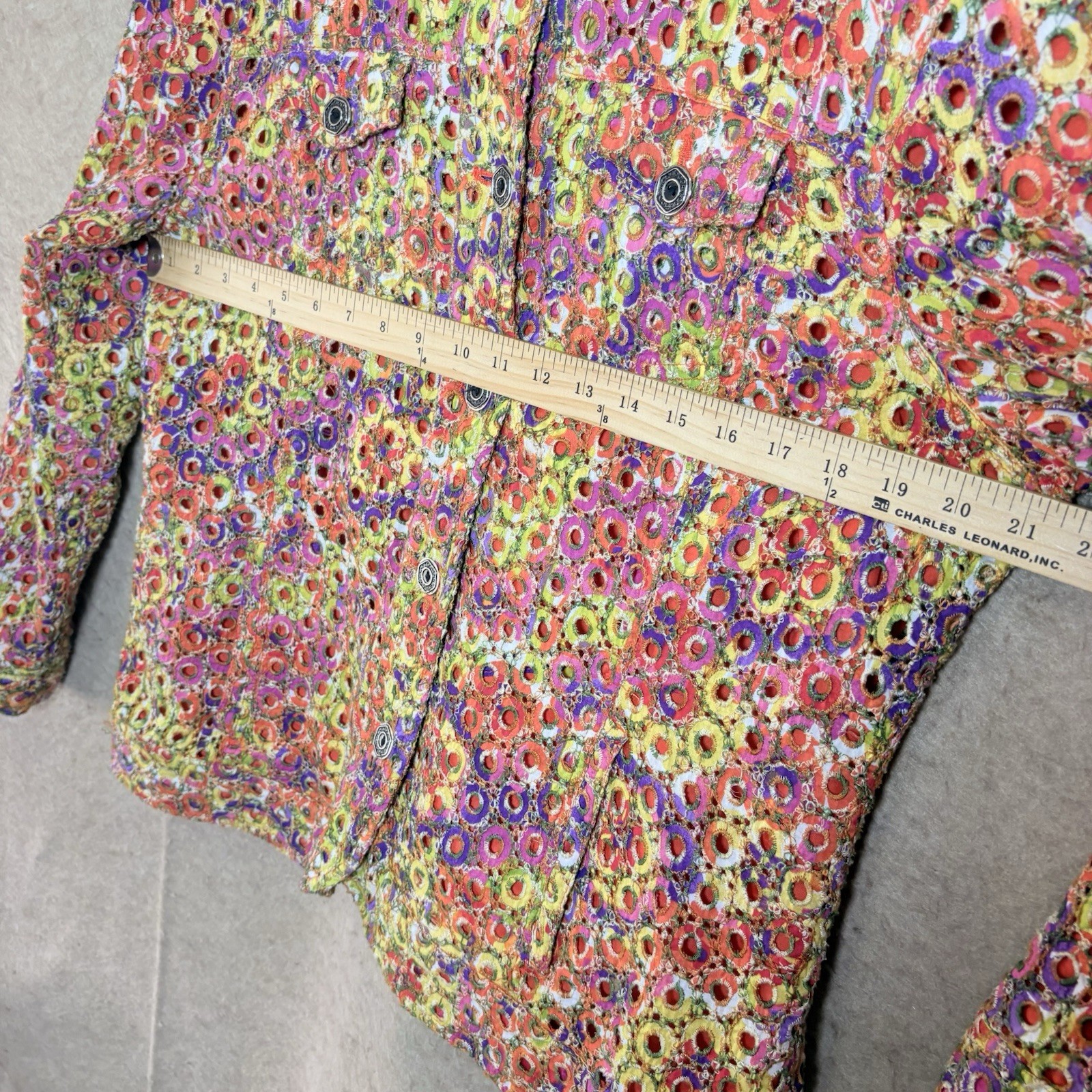 Chicos Embroidered Eyelet Jacket Womens Sz 3 US XL Orange Yellow Pockets Lined