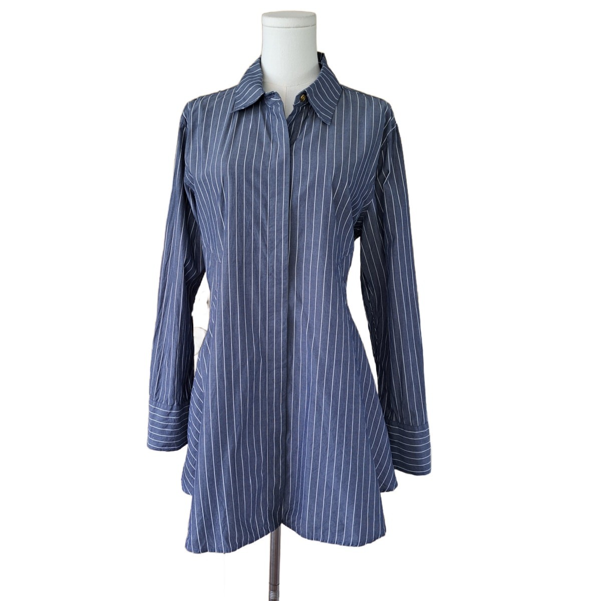 DONNA KARAN Blue Striped Button-Down Signature Tunic Top Large Mini Dress