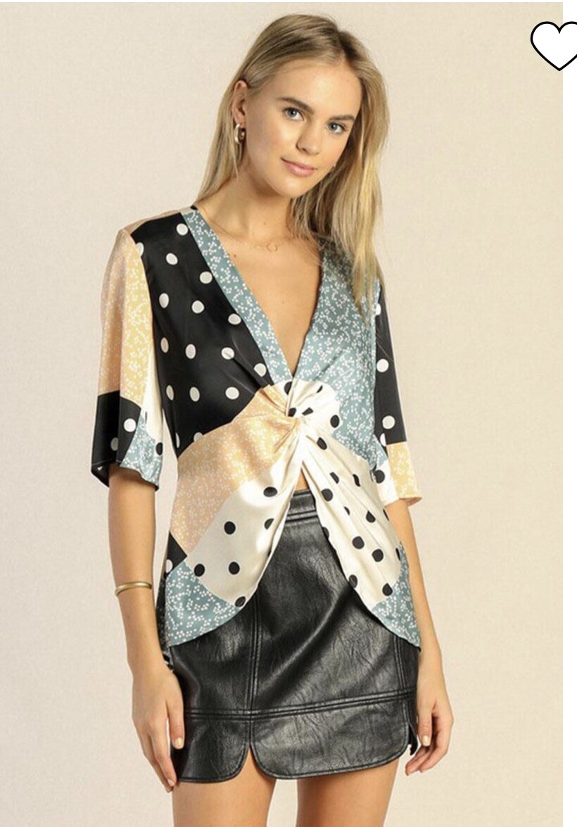 Skies Are Blue Patchwork Floral Polka Dot Top Blouse Size Small