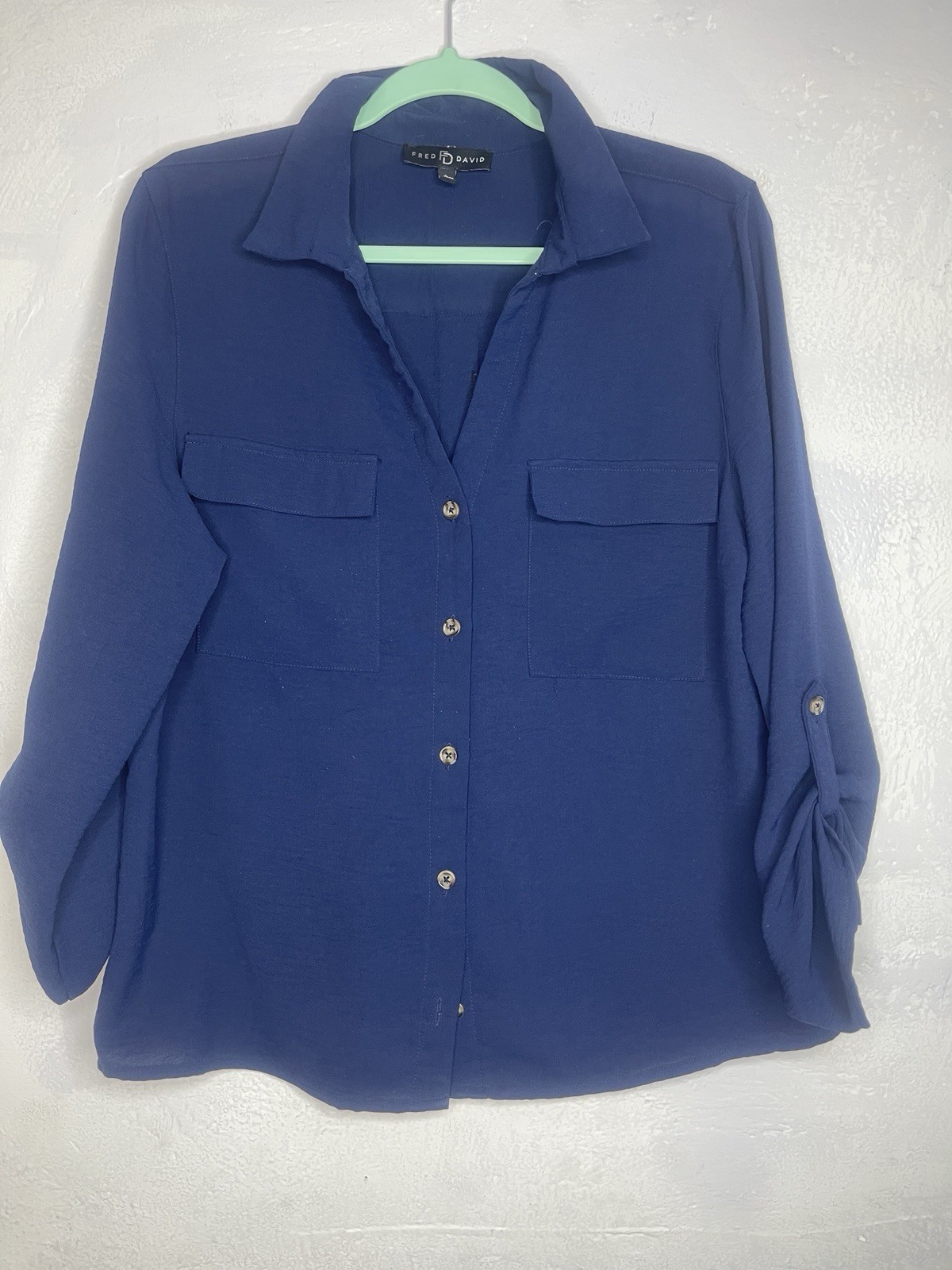Fred David Women’s Large Navy Button Up Blouse Roll Tab Sleeve Casual Career