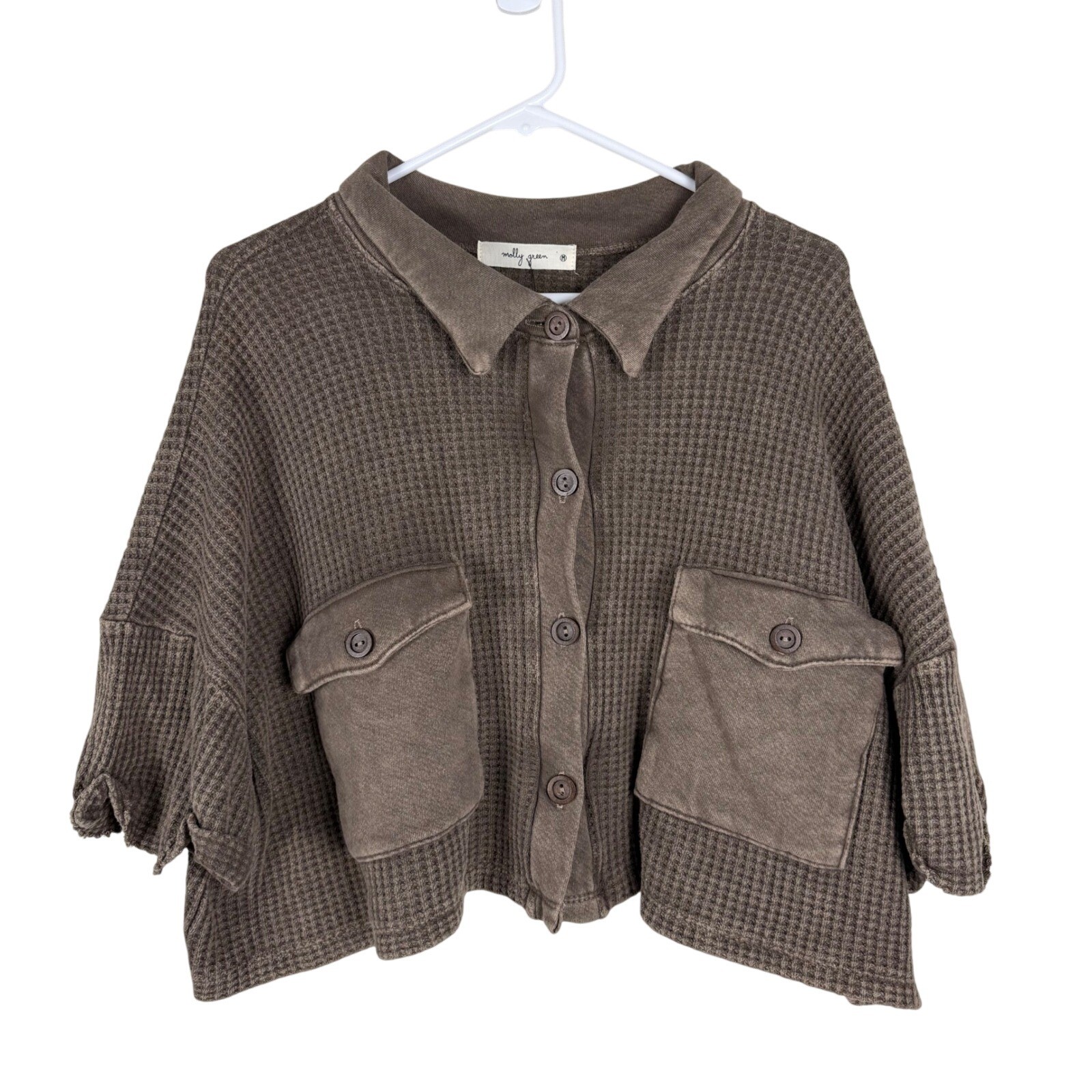 Molly Green Katelyn Shacket Brown Waffle Knit Button Up Crop Top Jacket Medium