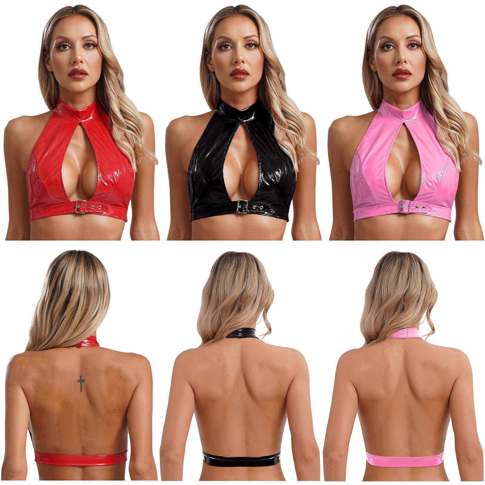 Women’s Shiny Metallic PVC Leather Halter Neck Latex Crop Top Sexy Backless Tops
