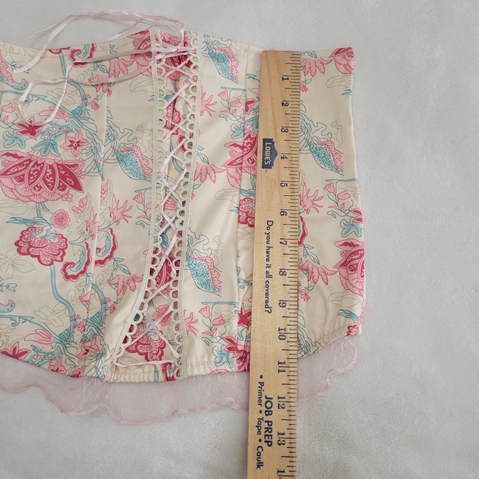 ROMWE Cream Floral Corset Strapless Top with Lace Ruffle Women’s Size M Y2K