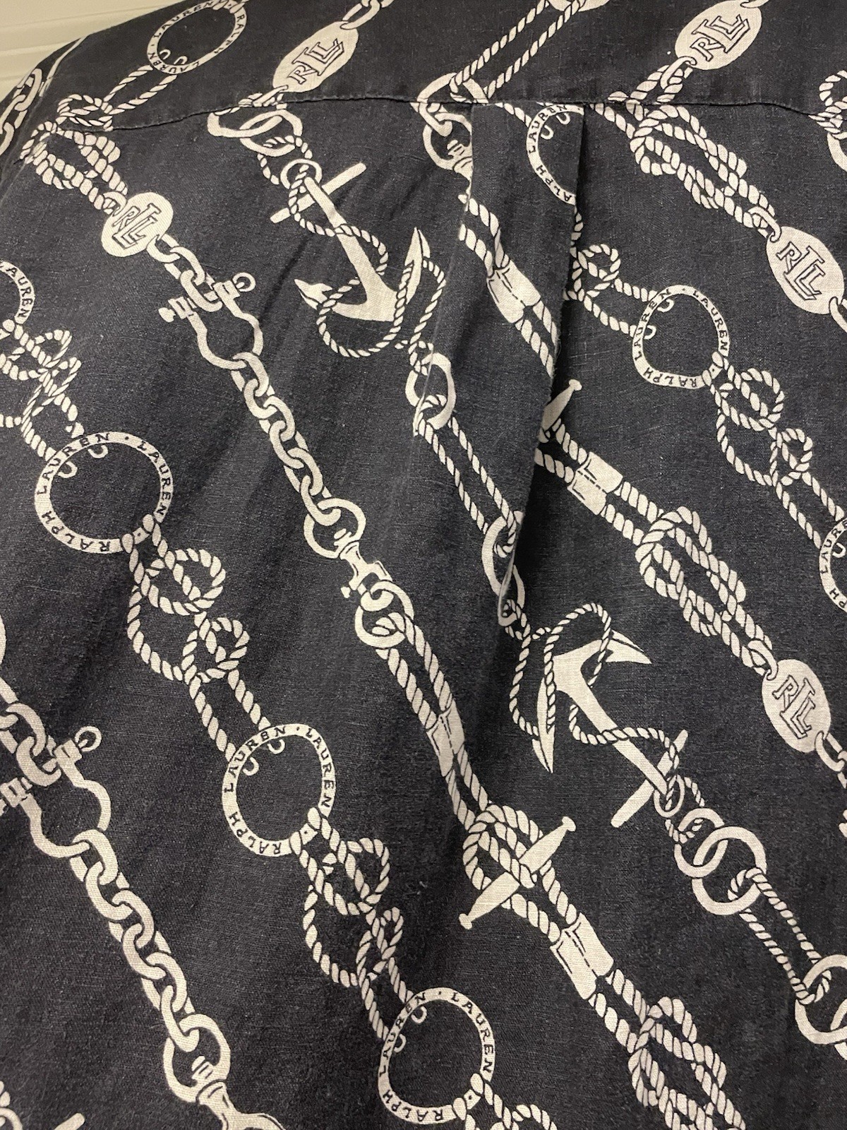 Lauren Ralph Lauren Shirt Nautical Print 1/2 Button Up Linen Navy Blue Womens XL