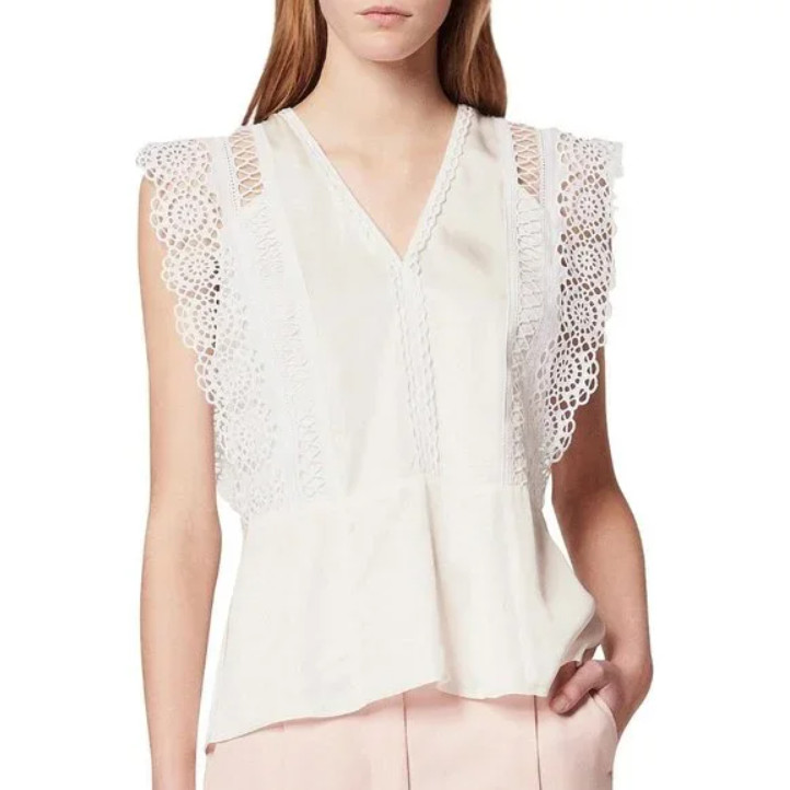 Sandro Paris Blouse Ecru Embroidered Sleeveless V Neck Size 0 34 XS Boho