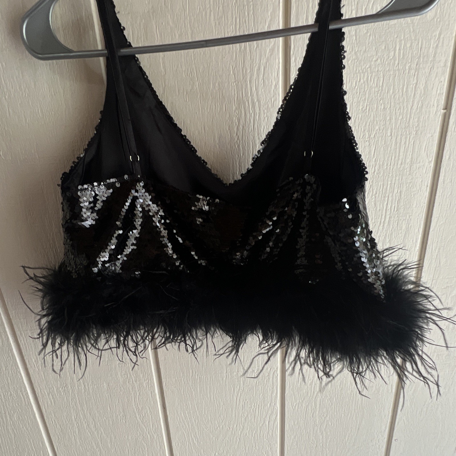 Judith March Black Sequin Feather Trim Bralette Bra Top Size S CT3681