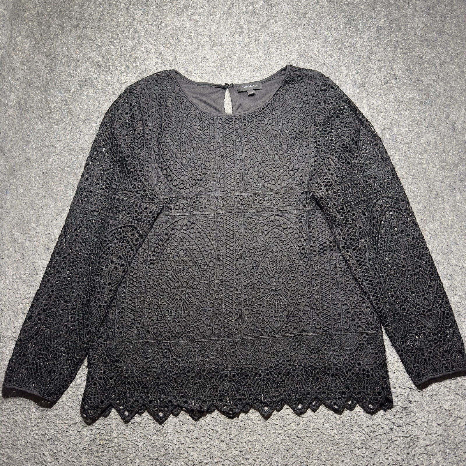 Calligraphie Black Lace Lining Blouse One Back Button Long Sleeve Sz L