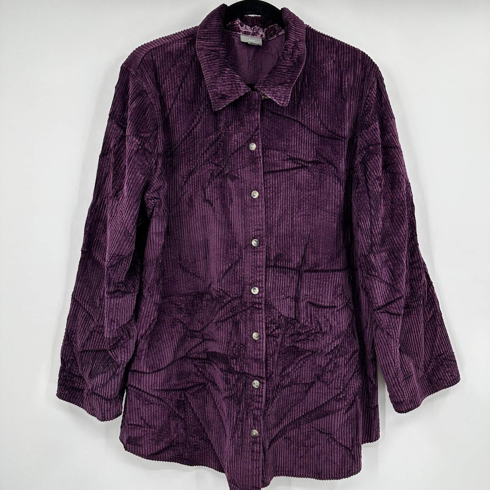 J Jill Womens XL Purple Plum Crushed Corduroy Button Down Shirt Shacket Grandma