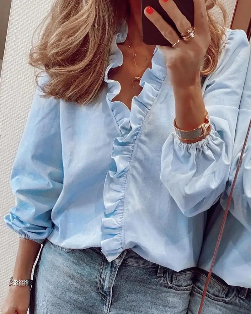 New European and American long sleeved ruffled shirt for women in spring summer