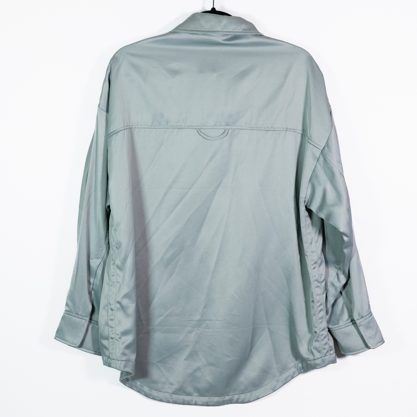 NEW Zara Sateen Satin Snap Button Front Collared Pocket Blouse Shirt Top Blue S