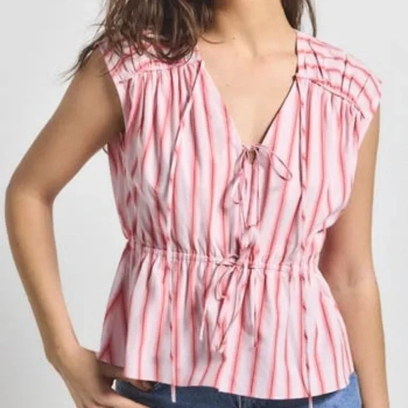 NWT Derek Lam 10 Crosby Caroline Tie Cotton Poplin Stripe Top M 6 8 $295 Coral