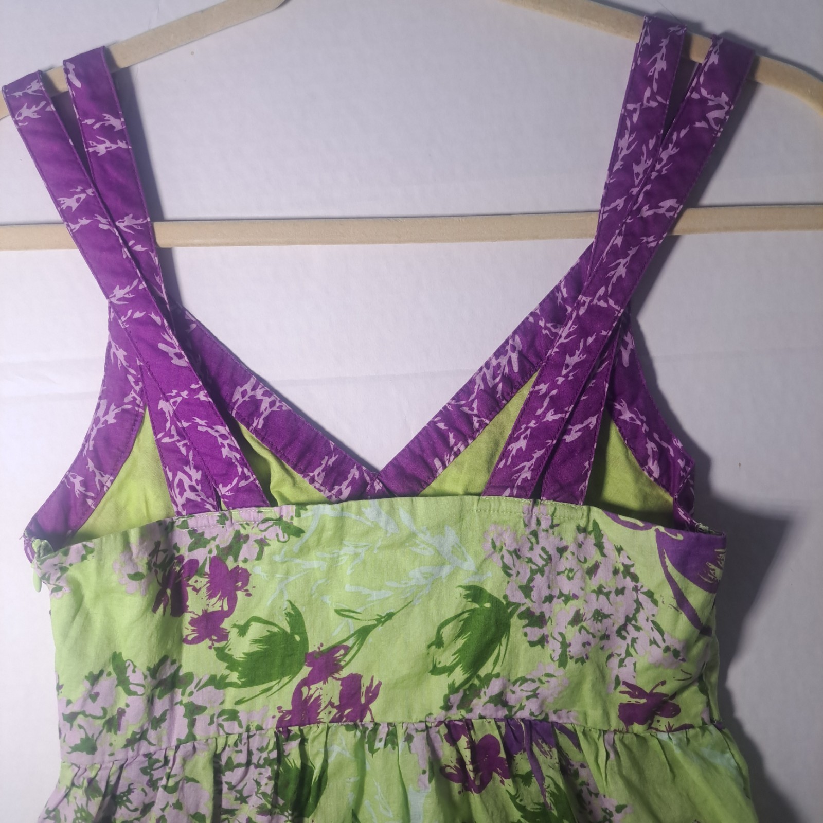 Kensie Y2K Green & Purple Floral Babydoll Top Criss Cross Straps Side Zip Sz XS