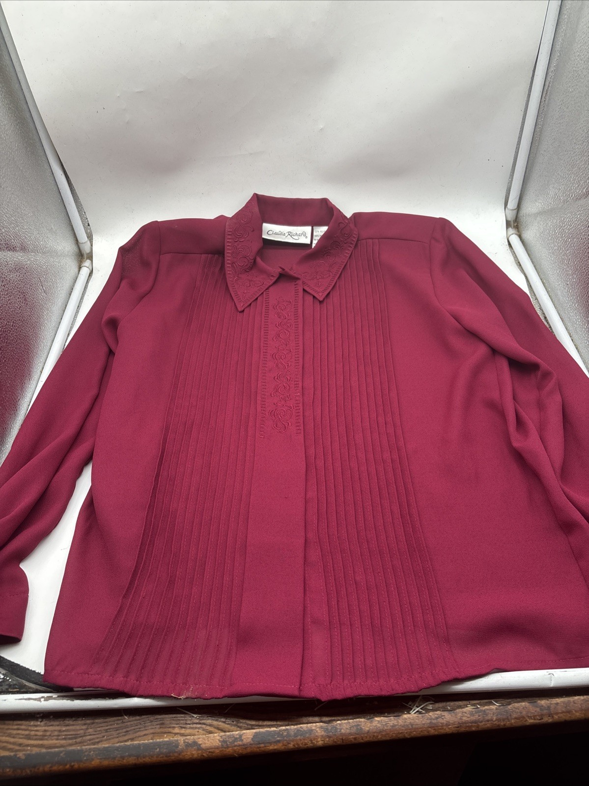 Claudia Richard Deep Pink/cranberry Button Pleated Blouse Shirt Top Women Sz 8
