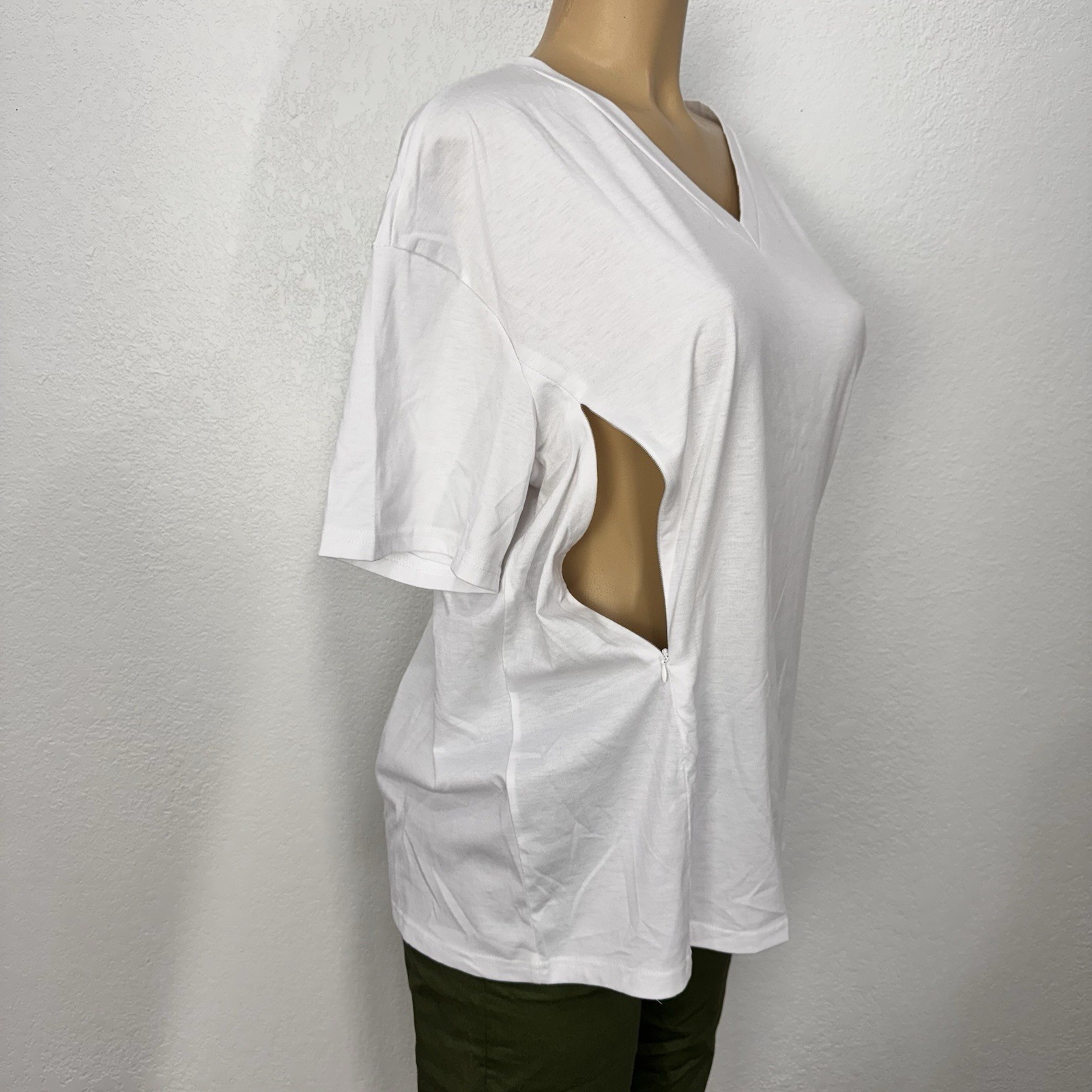 White V Neck Zip Sides Short Sleeve Boxy Tee Shirt Womens Size M Casual Top New