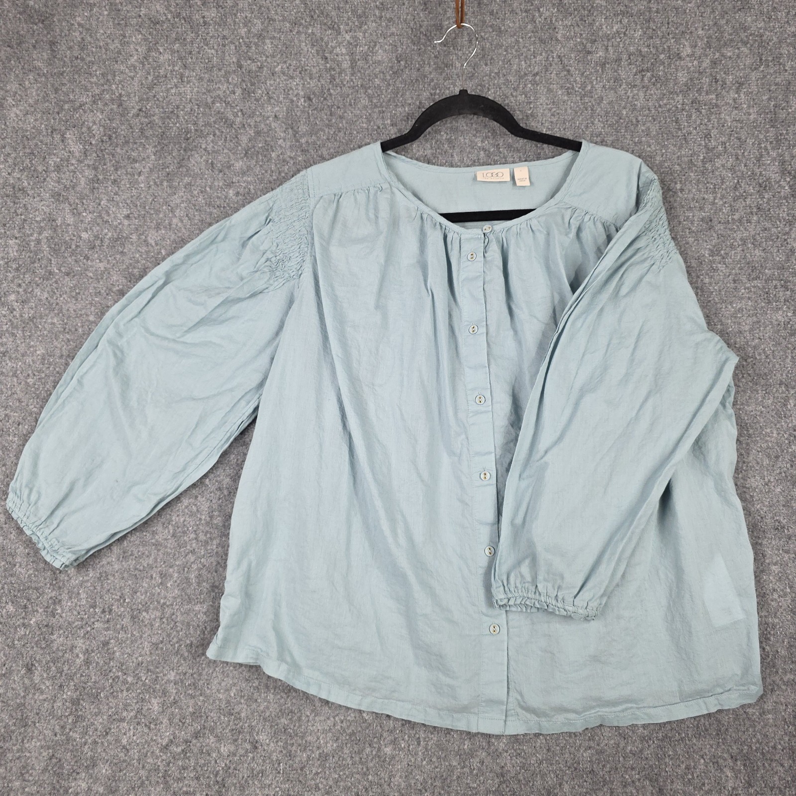 LOGO Lori Goldstein Blouse Womens L Teal Cotton Button Front Boho Top