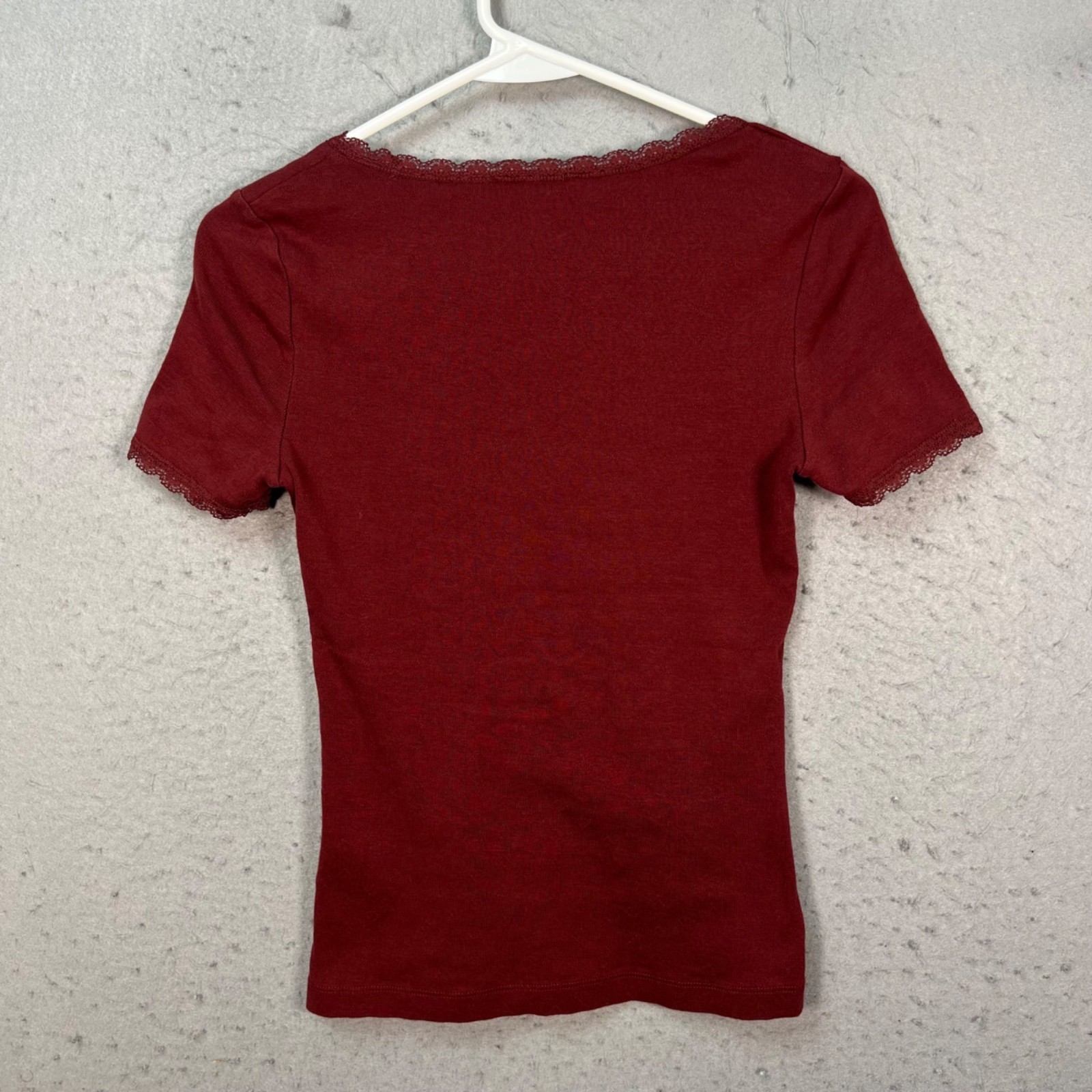 Paris Atelier & Other Stories XS Maroon Lace Trim Scoop Neck T-Shirt 100% Cotton
